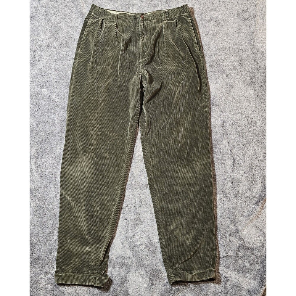 Vintage Nautica Corduroy Pants Mens 36x34 Olive Green Pleated Cuffed Cotton